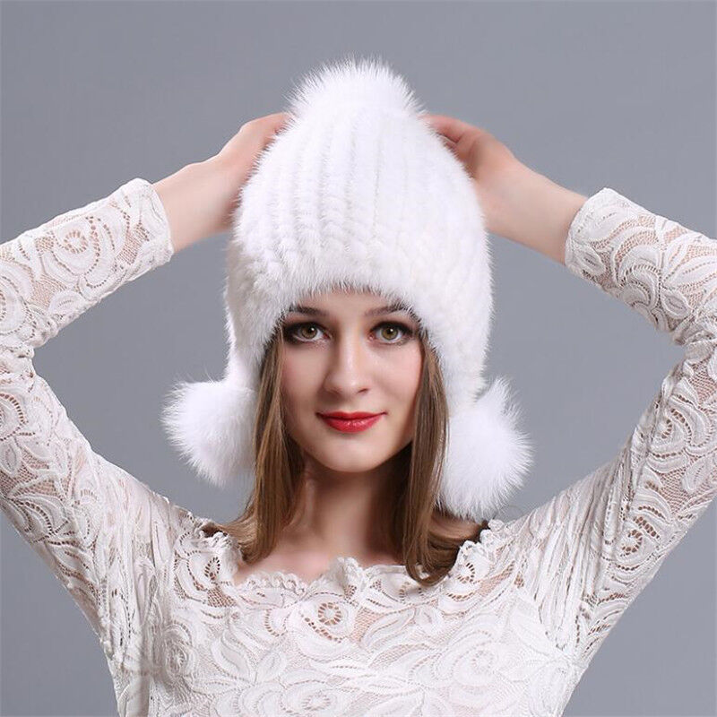 Winter Graceful Women Mink Fur Hats Real Knitted Fur Caps with Fox Fur Earflaps