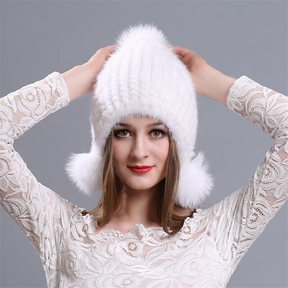 Winter Graceful Women Mink Fur Hats Real Knitted Fur Caps with Fox Fur Earflaps