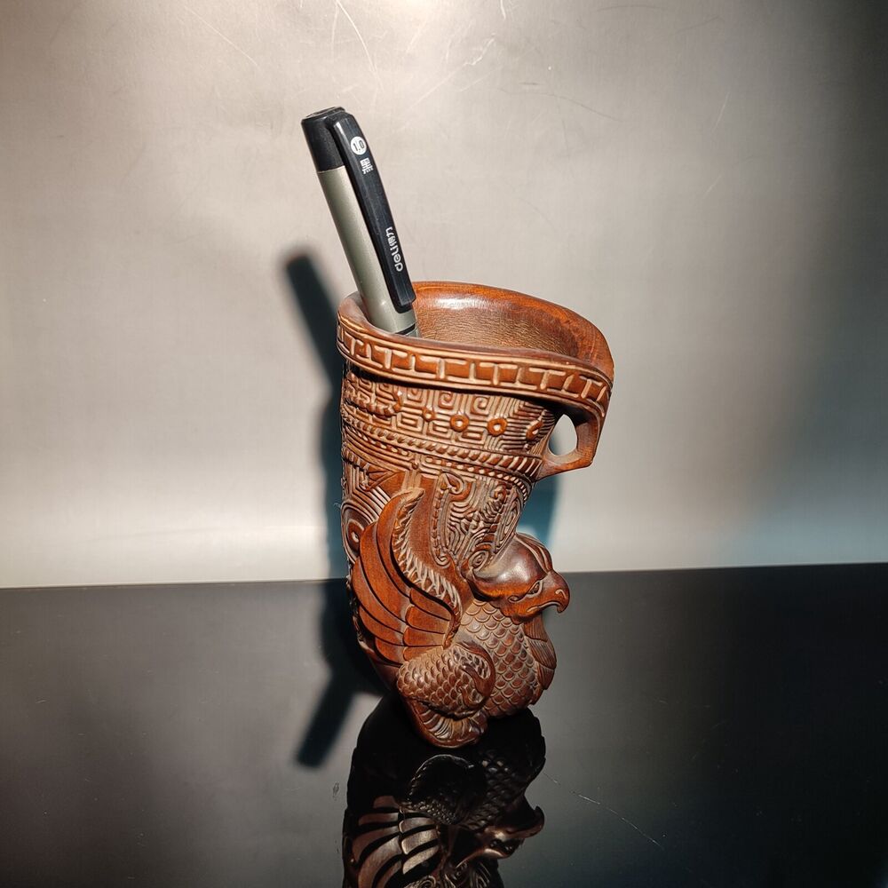 5" chinese wood beautiful brush pot wooden decor boxwood carving phoenix statue