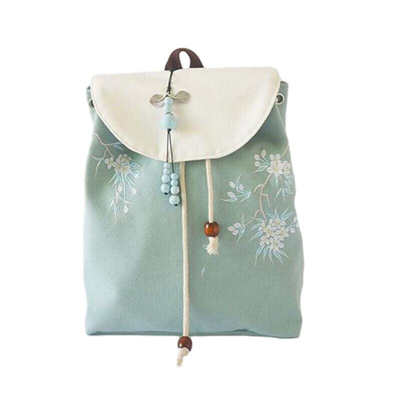 Canvas Embroidered Flower Backpack Tassel Casual Bundle Girls Mouth Bag Womens