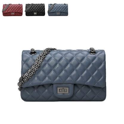 Quilted Sheepskin Leather Double Flap Small Shoulder Bag w/ Chains Handbag Purse