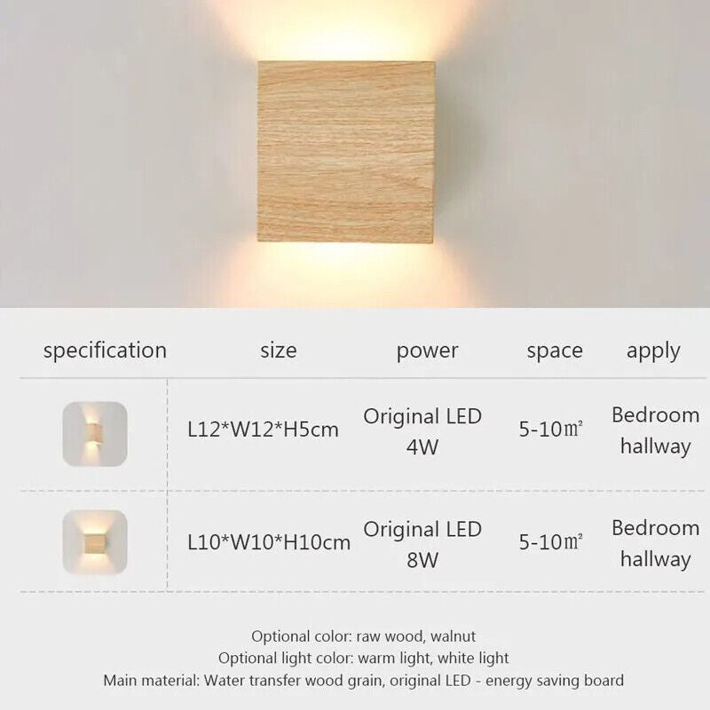 LED Wall Lamp Modern Minimalist Walnut Square Sconces Bedroom Living Rooms Light