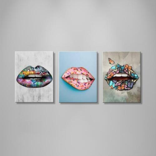 Abstract Lips with Color 3 Piece Canvas Print Wall Art Home Decor