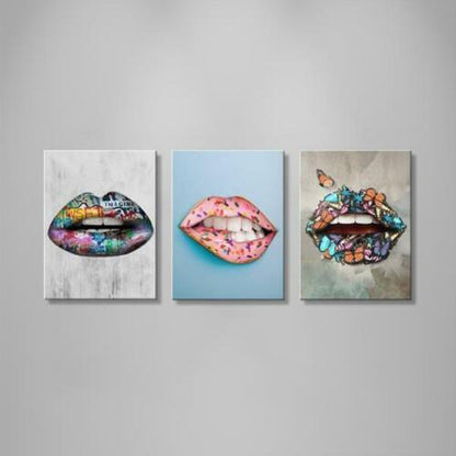Abstract Lips with Color 3 Piece Canvas Print Wall Art Home Decor