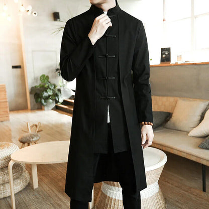Coat Men Cardigan Coat Male Long Chinese Style Black Loose Linen Jacket
