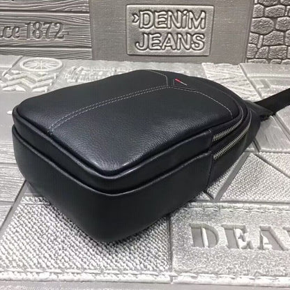Soft Cow Leather Black Crossbody Chest Bag Hiking Sling Backpack Shoulder Bag