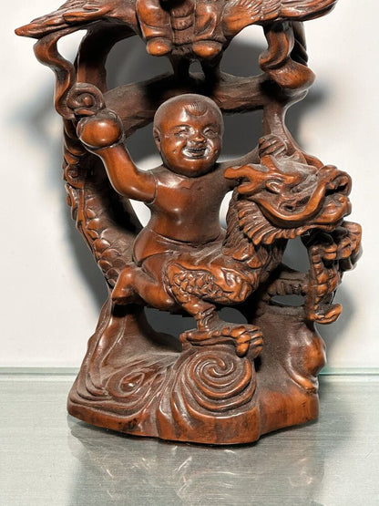 Chinese Boxwood Carving Dragon Phoenix Children Statue Figurine Home Decor Art