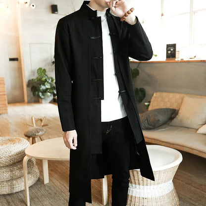 Coat Men Cardigan Coat Male Long Chinese Style Black Loose Linen Jacket