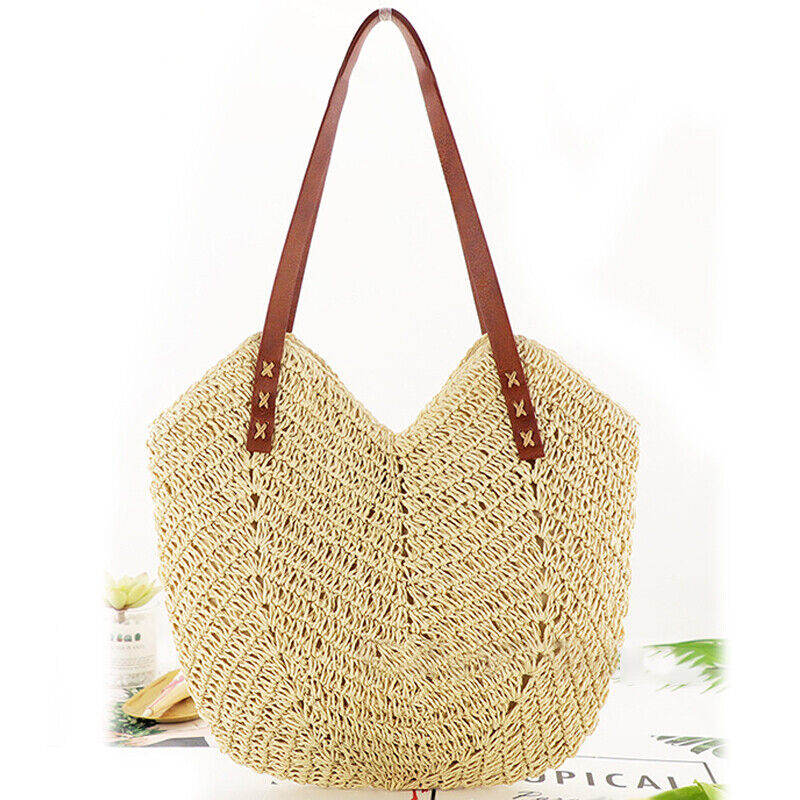 Women Boho Straw Woven Rattan Handbag Tote Bag Hollow Shoulder Bag Summer Beach