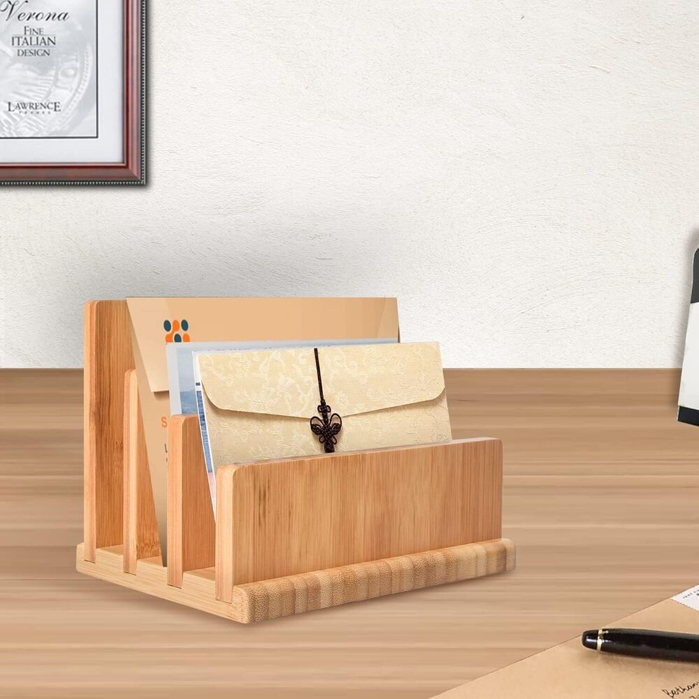 Bamboo Mail Organizer with Rubber Feet Sorter for Office Home with 3 Slots