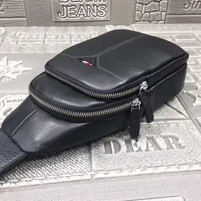 Soft Cow Leather Black Crossbody Chest Bag Hiking Sling Backpack Shoulder Bag