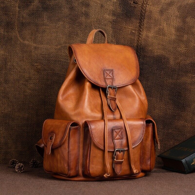 Cow Leather Men's Drawstring Backpack, Retro Travel Bag 15.6" Laptop Backpack