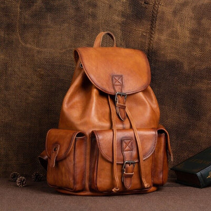 Cow Leather Men's Drawstring Backpack, Retro Travel Bag 15.6" Laptop Backpack