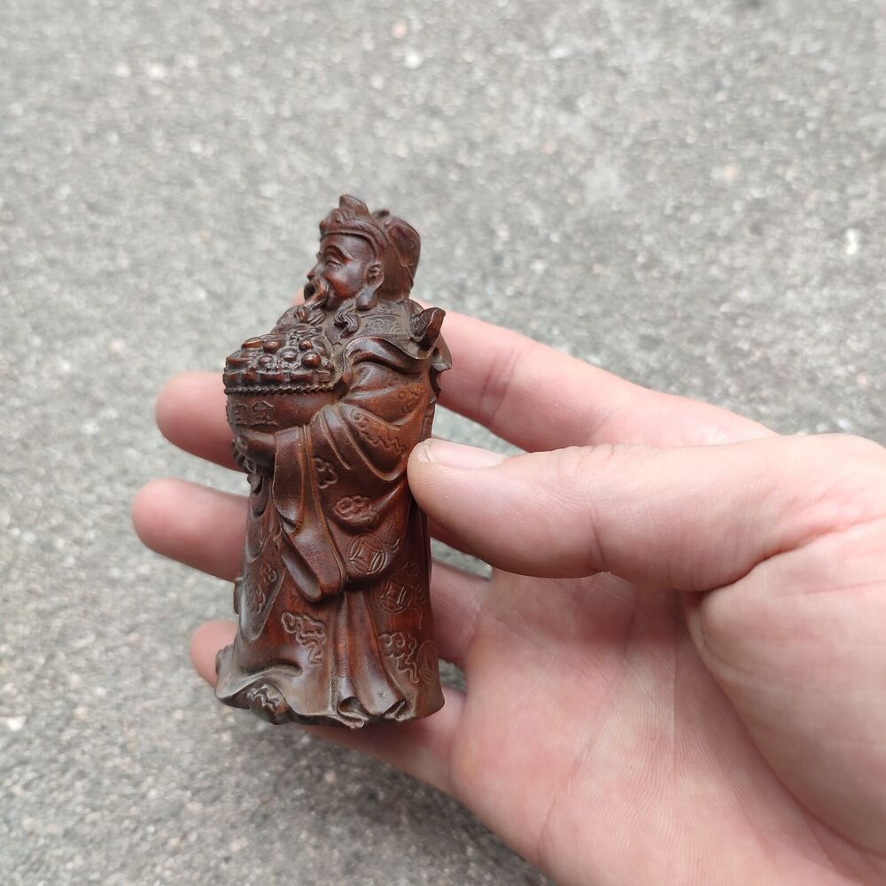 Vintage Wooden Ornaments Boxwood Carving Wealth Mammon Buddha Statue Figurine