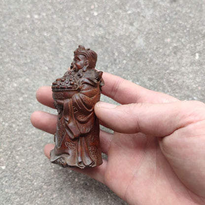 Vintage Wooden Ornaments Boxwood Carving Wealth Mammon Buddha Statue Figurine