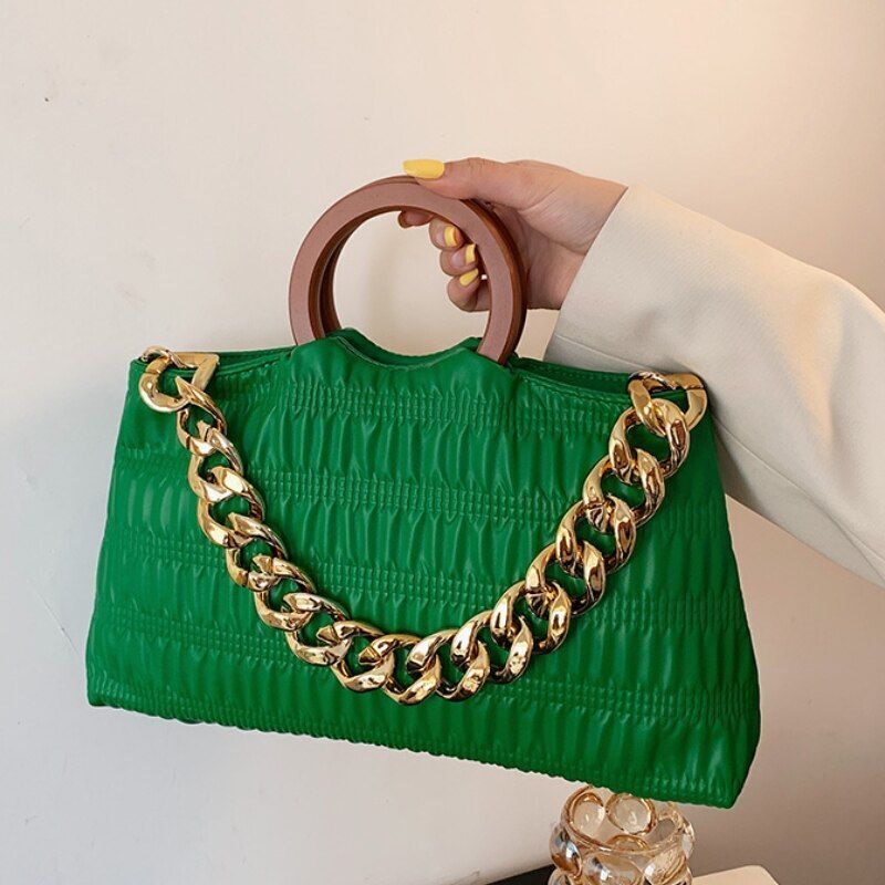Thick Chain Shell Bag Synthetic Leather Crossbody Purse Wooden Handle 17*33*8 CM