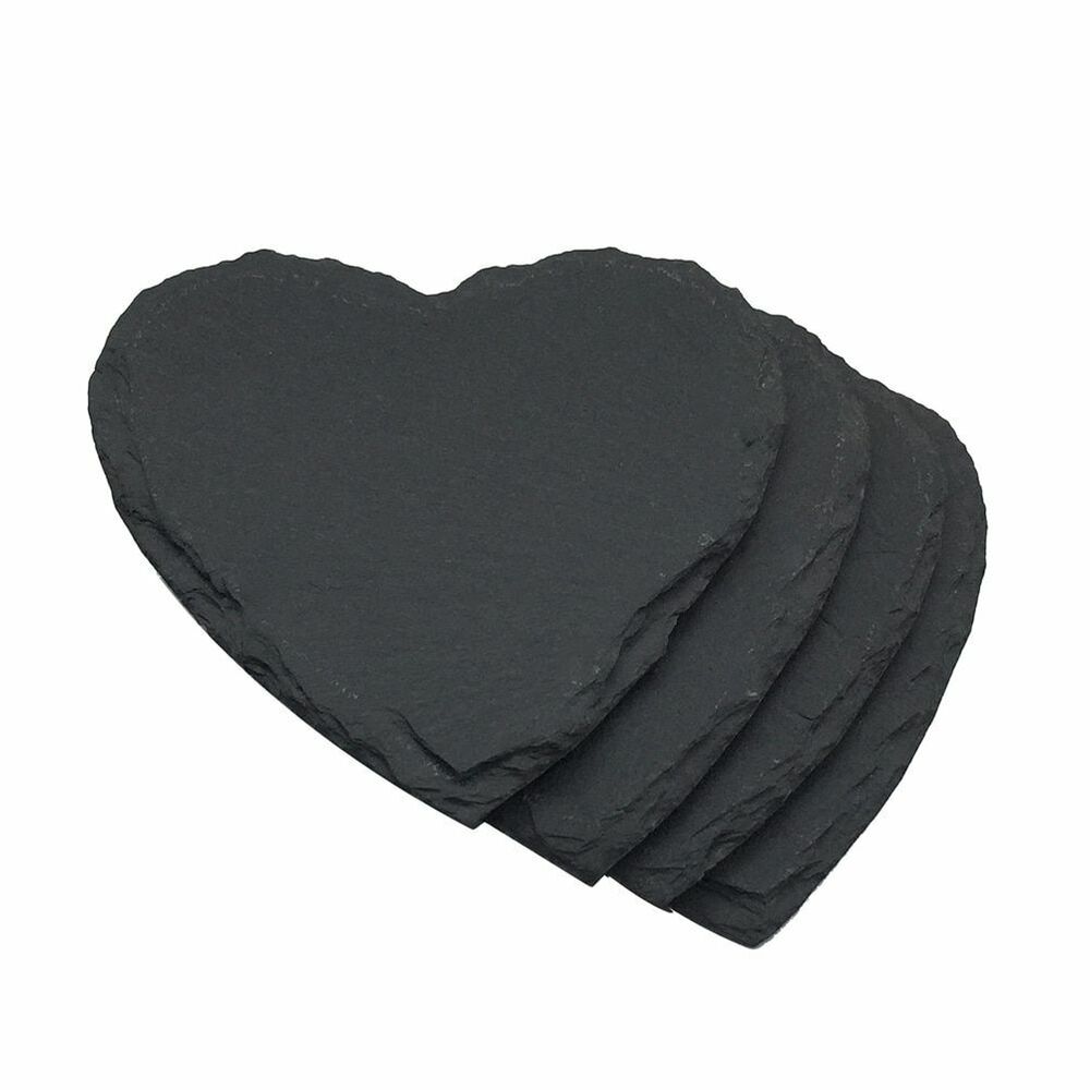 4Pcs/Set Heart Shape Cups Mats 10x10x0.4cm Slate Black Drinks Beverages Coasters