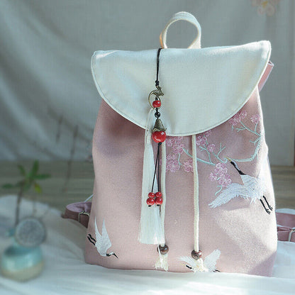 Canvas Embroidered Flower Backpack Tassel Casual Bundle Girls Mouth Bag Womens