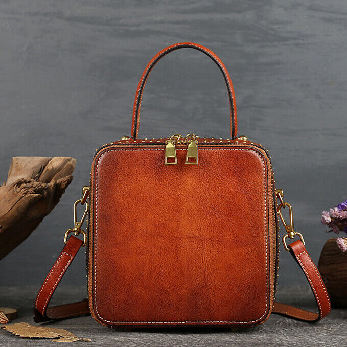 Women's Retro100% Genuine Leather Handbag Embossed Crossbody Shoulder Square Bag