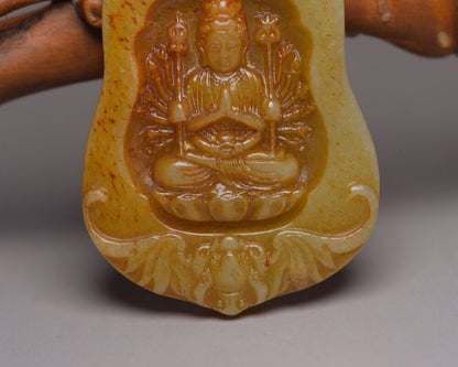 Chinese Old Natural Hetian Jade Carved Kwan Yin Statue Lucky Pendant Jewelry Art