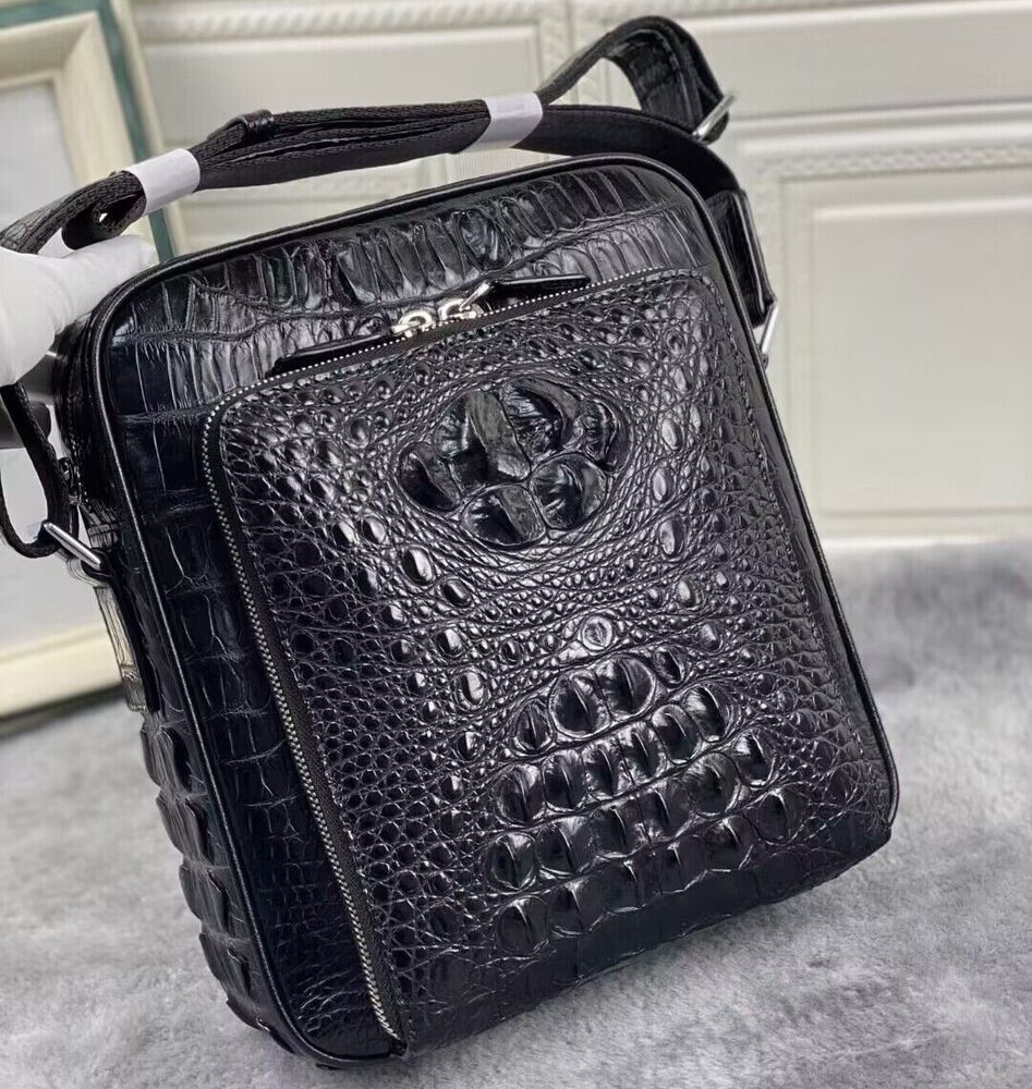 Original Crocodile Skin Leather Shoulder Bag, Black Men's Luxury Messenger Bags
