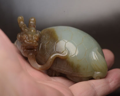 Collection China Hotan Jade Carved Dragon Turtle Statue Exquisite Figurines Art
