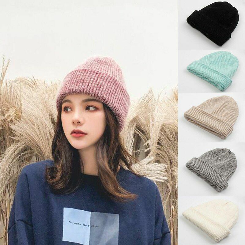 Winter Angora Solid Warm Woolen Knitted Hat Fashion Beanie Outdoor Sport Thick