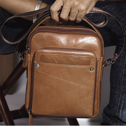 Crazy Horse Leather Men's Sling Shoulder Bag Double Zipper Multifunction Handbag
