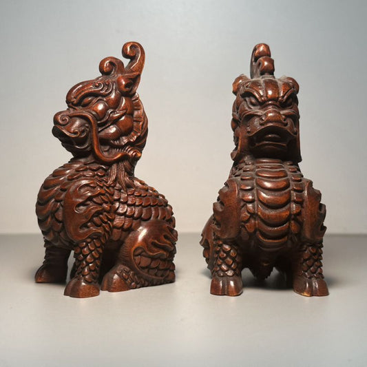 Collection Chinese Boxwood Carved A Pair Unicorn Statue Exquisite Figurines Art