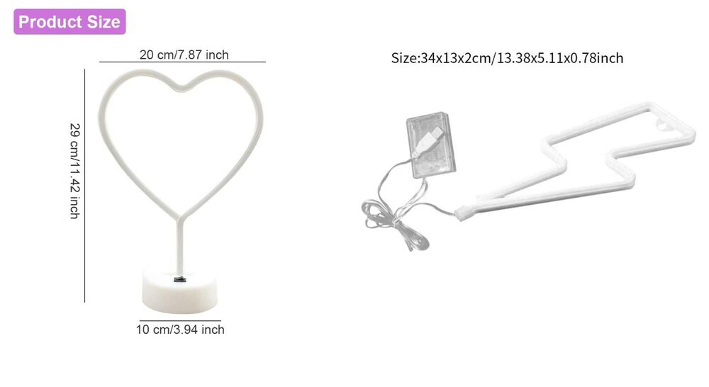 LED Neon Signs Lights USB Heart Shape Lamps Home Table Decor Plastic 20x10x29cm