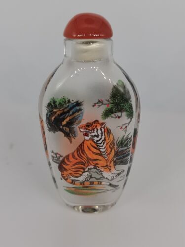 Chinese Old Beijing Glaze Inside Painting Snuff Bottle Painted Tiger Pattern