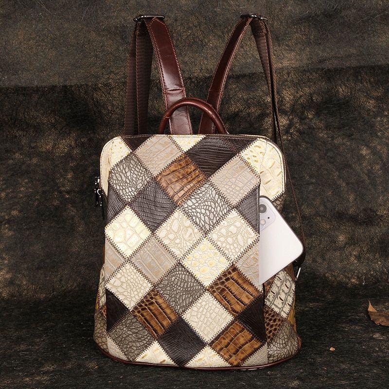 Retro Backpack Genuine Leather Shoulder Bags 12" Travel Bag Patchwork Multicolor