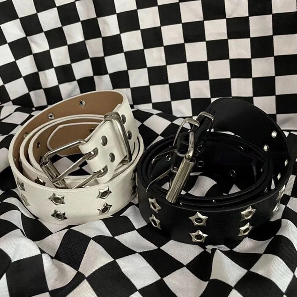 Women Belt Pu Leather Star Eye Rivet Punk Hollow Double Pin Buckle Men Waistband