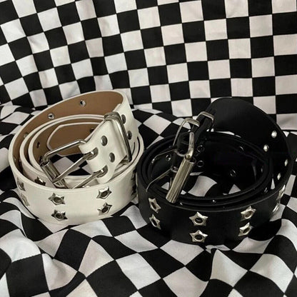 Women Belt Pu Leather Star Eye Rivet Punk Hollow Double Pin Buckle Men Waistband