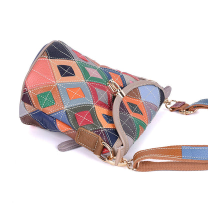 100% Genuine Leather Colorful Blocks Patchwork Women's Sling Shoulder Bag