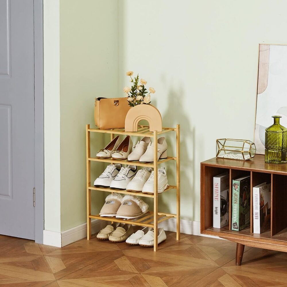 4 Tier Narrow Shoe Rack for Entryway Organizer Storage Bamboo Free Standing