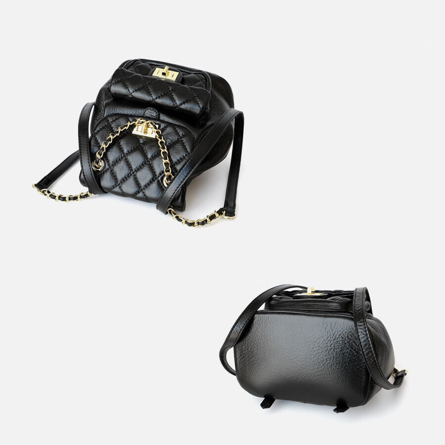 Small Mini Quilted Leather Backpack Drawstring Bucket Bag Flap Purse Chain Strap