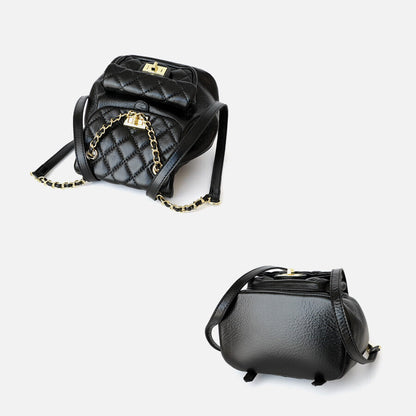 Small Mini Quilted Leather Backpack Drawstring Bucket Bag Flap Purse Chain Strap