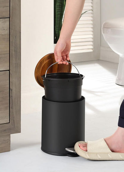 Round Trash Can Acacia Cover with Plastic Inner Bucket for Home and Office