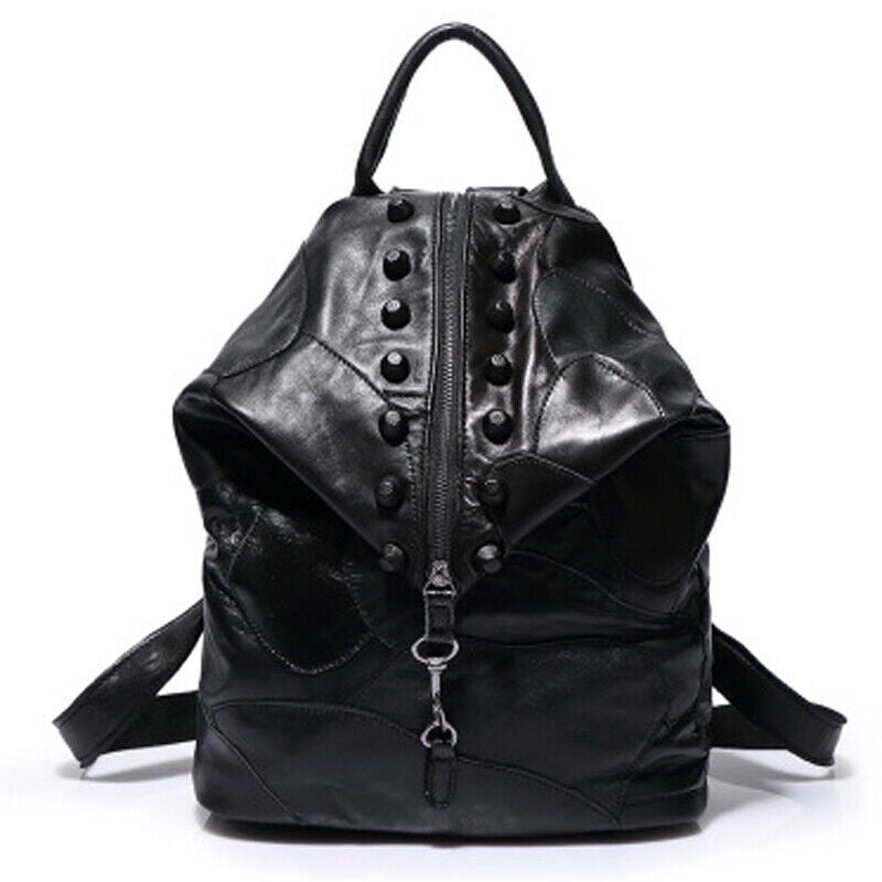 Sheepskin Leather Women's Colorful Blocks Patchwork Backpack Travel Bag Rucksack