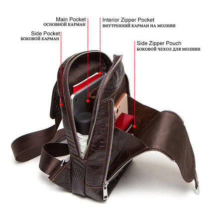 Men's Sling Backpack ,Genuine Leather Crossbody Bag Crocodile Daypack for Hiking