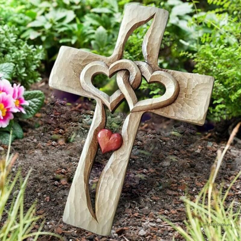 Carved Wood Cross Intertwined Hearts Christian Crucifix Religious Decors 16x23cm