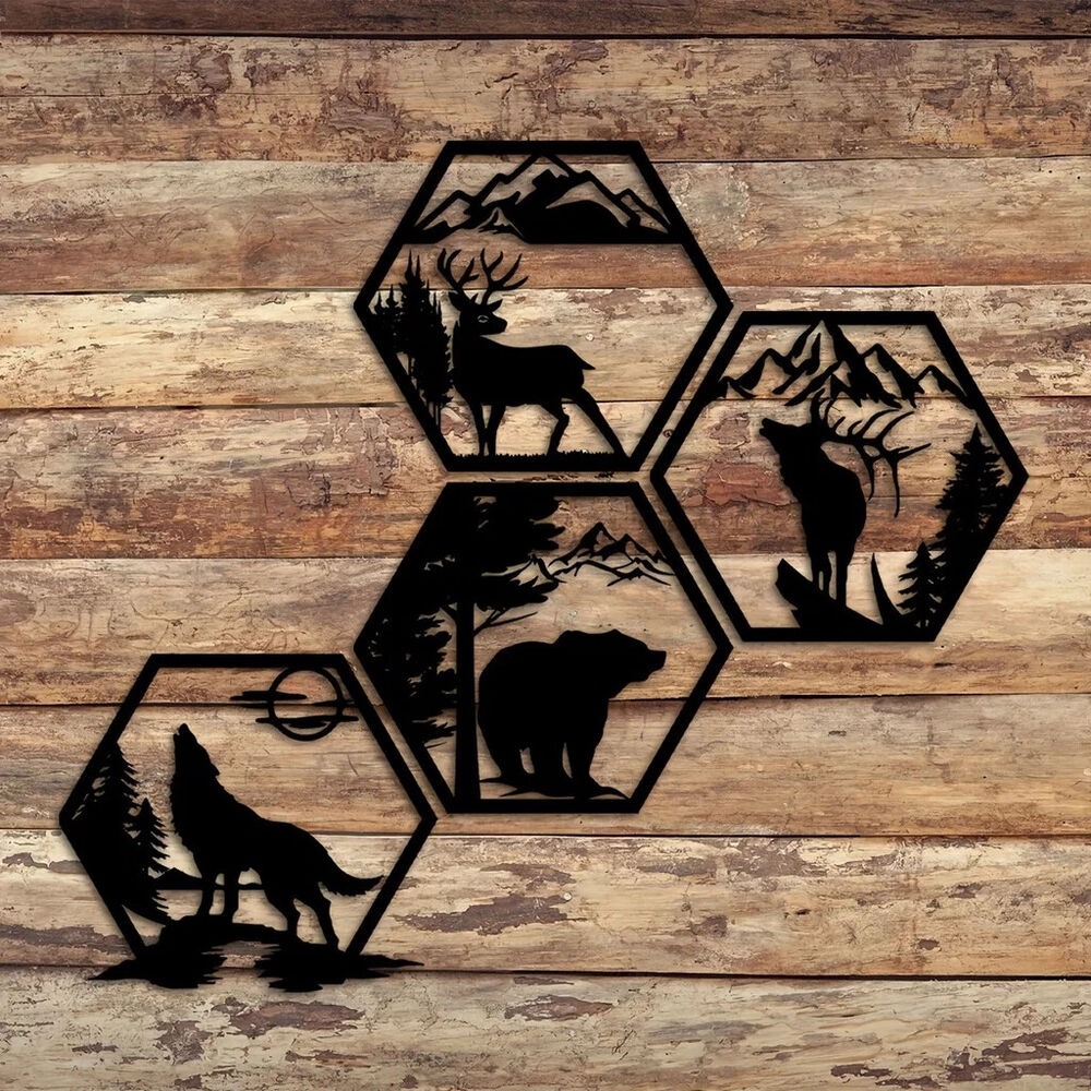 4pcs Decorative Frames Elk Deer Wolf Bear Hexagonal Metal Wall Sculpture Leaked