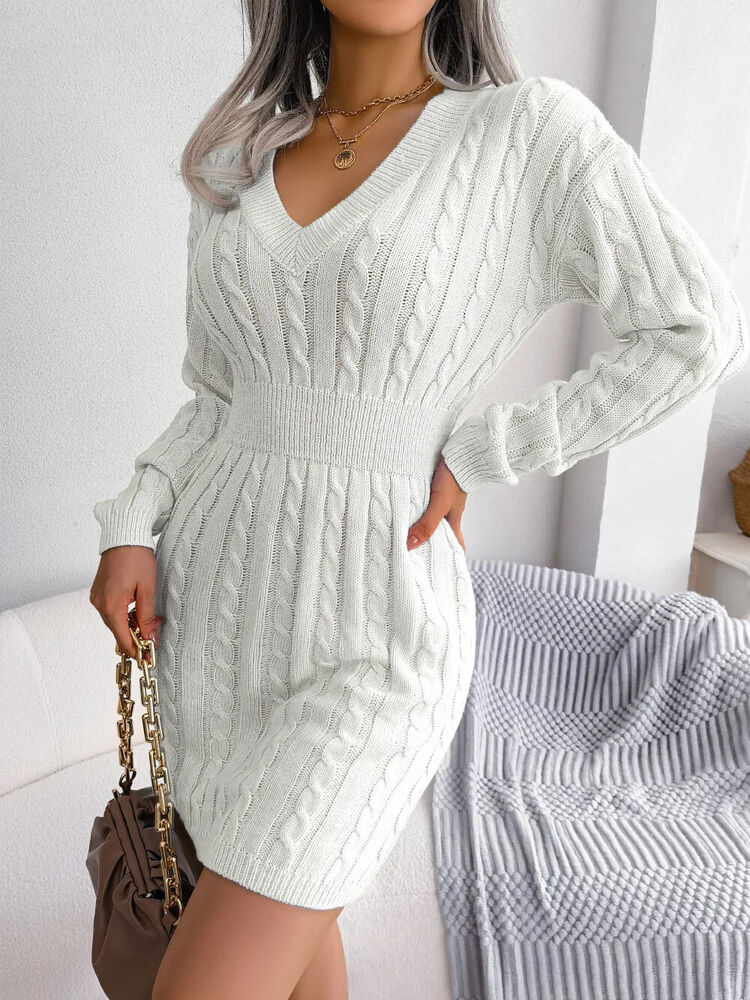 Women's Sweater Dress V-neck Long Sleeve Dresses Autumn Winter Pullover