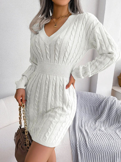 Women's Sweater Dress V-neck Long Sleeve Dresses Autumn Winter Pullover
