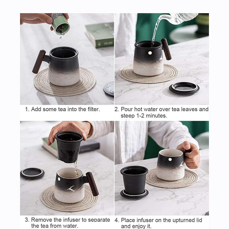 Tea Mugs Ceramic Tea Coffee Cup Beer Mug Infuser Lid Wooden Handle Tableware