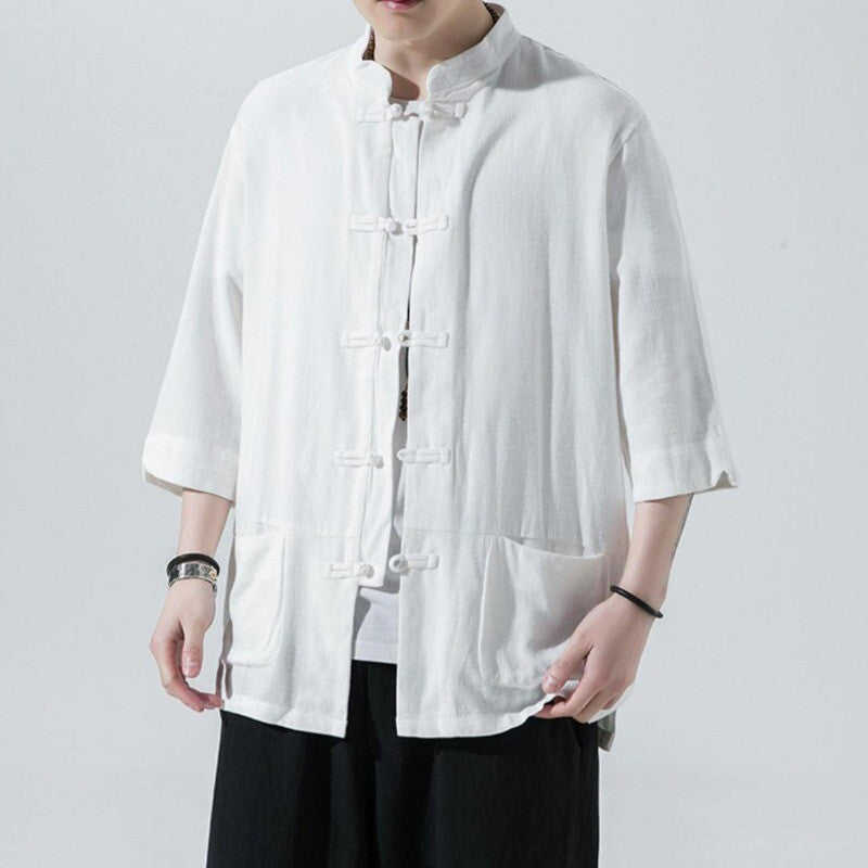 Chinese Tang Suit Men Retro Half Sleeve Shirt Kung Fu Tai Chi Jacket Hanfu Top
