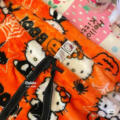 HelloKitty Halloween Pumpkin Pajamas Pants Women Autumn Winter Warm Flannel Slee