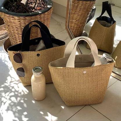 Straw Bags Women Handmade Woven Basket Tote Beach Bags Canvas Handbags