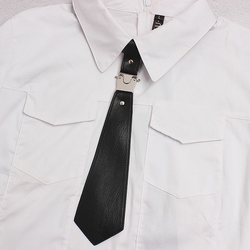 Women Cool Neck Tie Leather Black Metal Split Joint Fashion Tide All-Matches Tie